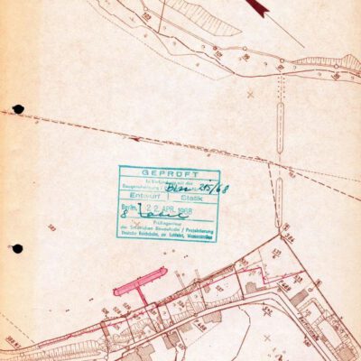 Vergilbte Fotokopie eines Übersichtsplans der Bertini-Enge: Übersichtsplan des Wasserstraßenamts über das Territorium des Grenzübergangs - Foto: BLHA Rep 462 13 Bl.08