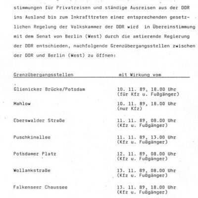 Meldung des Ministerrats der DDR vom 10.11.1989 zur Öffnung des Grenzübergangs Glienicker Brücke und anderer - Quelle: Bundesarchiv C-20, I/3-2867. Bl.4